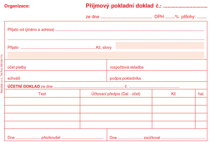 Baloušek příjmový pokladní doklad i pro podvojné účetnictví - A6 / nečíslovaný / 50 listů / NCR / PT030