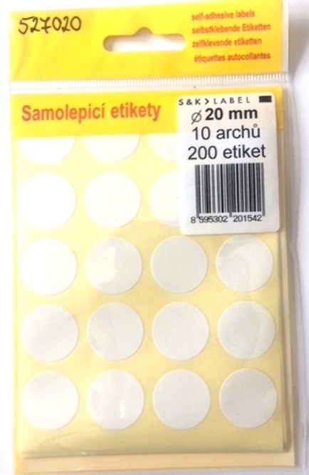 Samolepicí etikety v sáčku - kulaté prům.20mm / 200 etiket