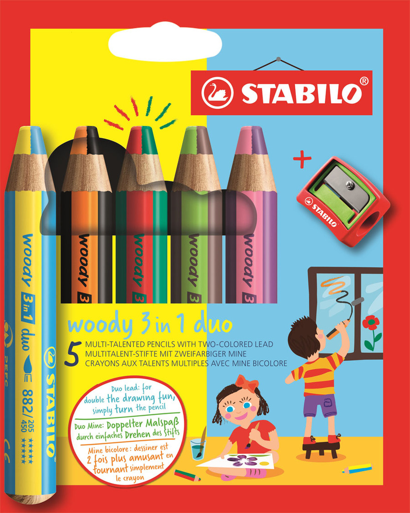 STABILO® Woody 3v1 DUO Pastelka, vodovka & voskovka / 5ks+ořezávátko