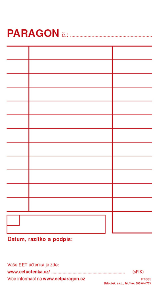 Paragon blok Baloušek 80 x 150 mm / nečíslovaný / 50 listů / NCR / PT005
