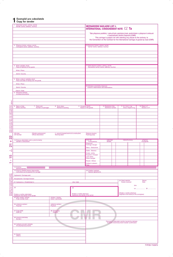 MSK 965 mezinárodní nákladový list ČJ/AJ 5 listů