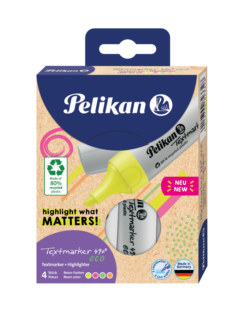 Zvýrazňovač Pelikan EKO 490 - sada 4 ks / neonové barvy