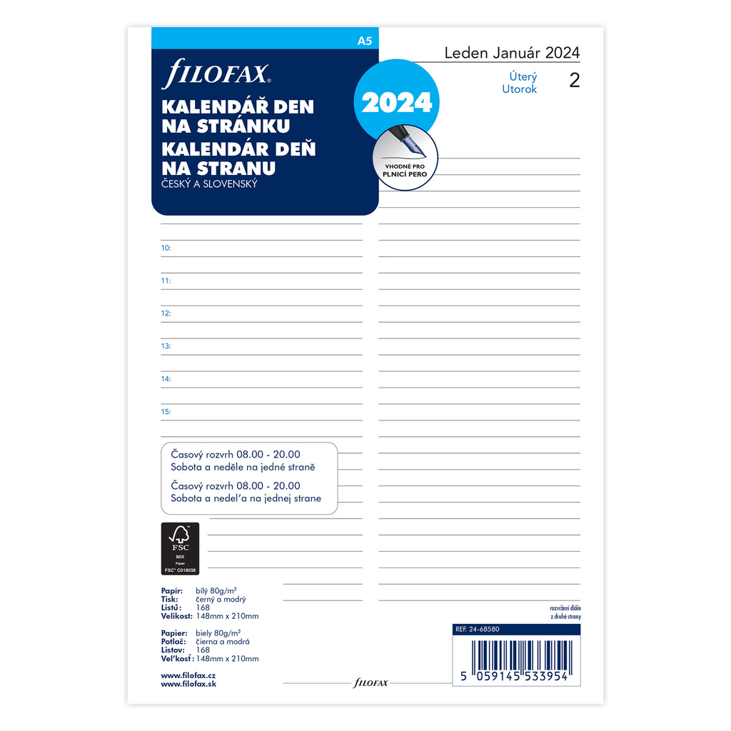 Náhradní vložka do diářů Filofax - kalendář A5 / denní