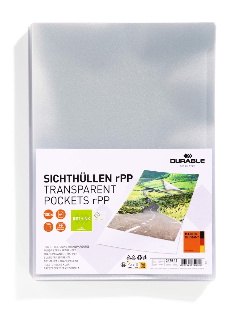 Závěsný obal A4 Durable Premium RECY - tvar L / 100 my / 100 ks