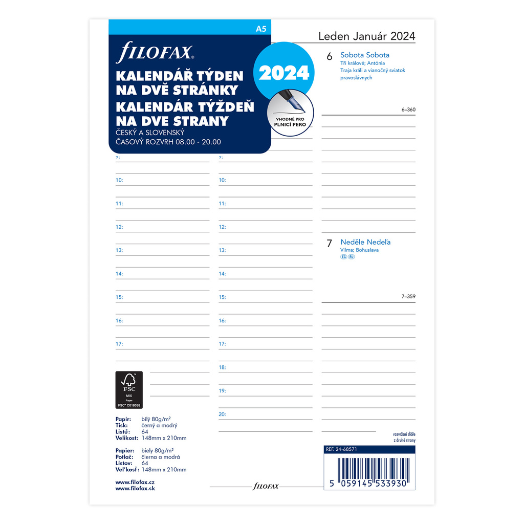Náhradní vložky do diářů Filofax - kalendář A5 2019 týden / 2 strany